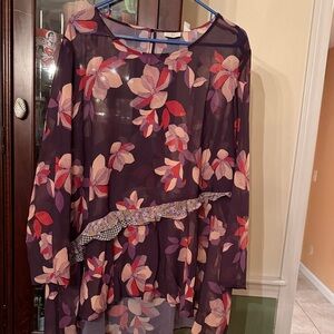 LOGO by Lori Goldstein Floral Sheer Blouse - Purple and Pink